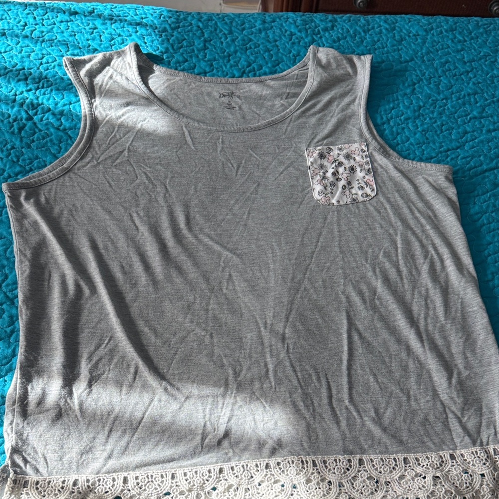 Disney Boutique Grey Tank Top with Lace Hem and Floral Mickey Pocket